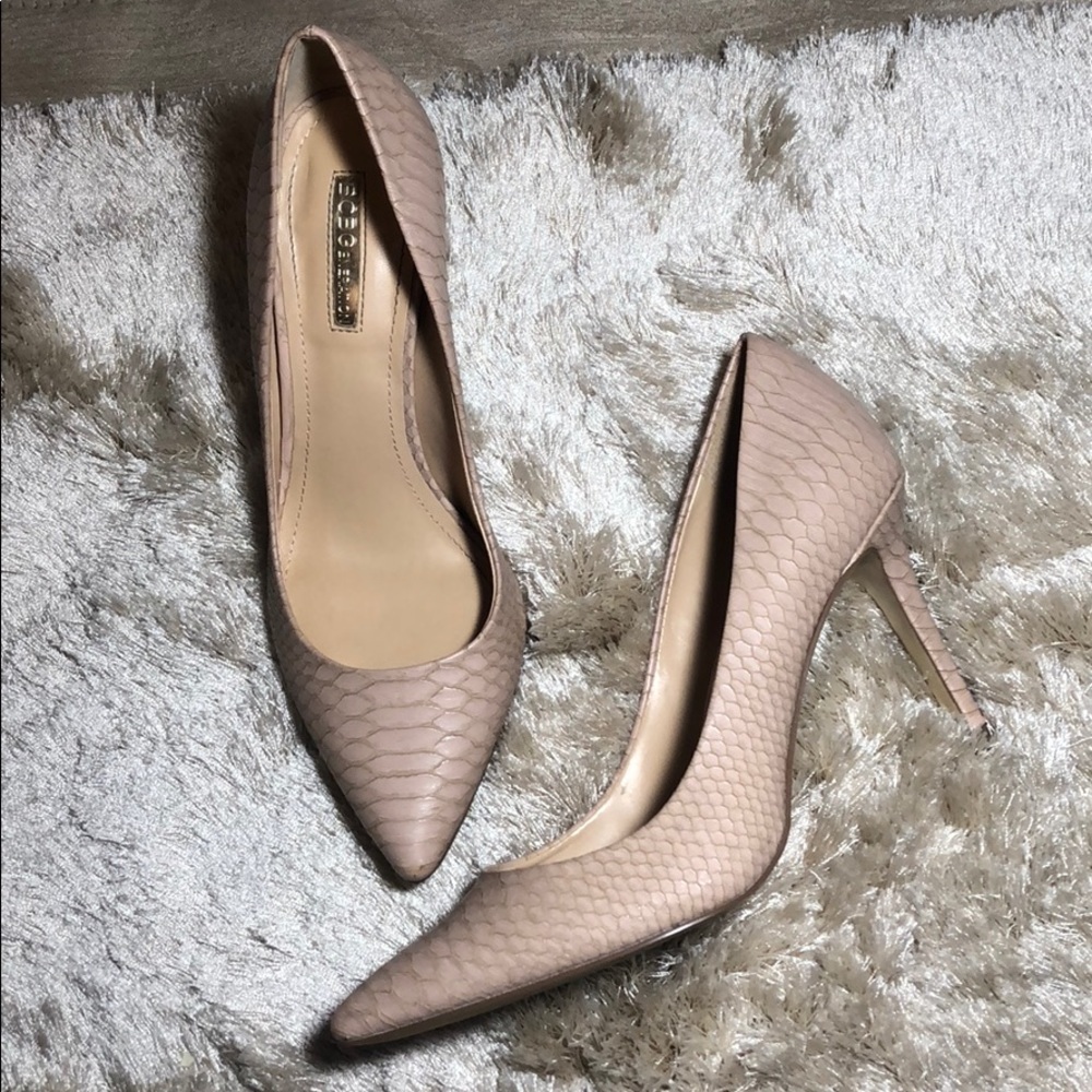 BCBG nude snake printed heels